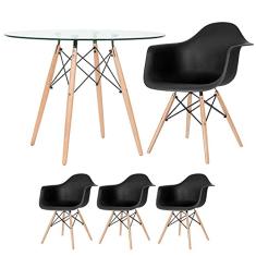 Loft7, Mesa redonda Eames com tampo de vidro 100 cm + 3 cadeiras Eiffel DAW Preto