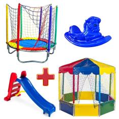 Cama Elástica Pula Pula Trampolim 1,40m + Piscina de Bolinhas Oitavada 2,00m + Escorregador Médio + Gangorra 1 Lugar