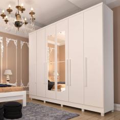 Guarda Roupa Casal com Espelho 6 Portas 4 Gavetas Veneza Neve