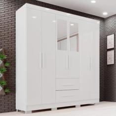 Guarda-roupa Casal com Espelho 6 Portas 2 Gavetas Estrela Premium Branco