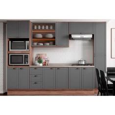 Cozinha Modulada Completa Bella 7 Peças (2Aéreos+2Balcões+1Paneleiro+1TorreQuente+1Complemento) C7P198 Nogal/Cinza - Carraro