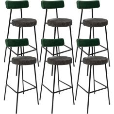 Kit 06 Banquetas Alta Bar Cozinha Sala De Jantar Milão L02 Facto Verde Linho Chumbo - Lyam Decor