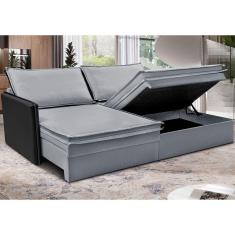 Sofá Sem Caixa Retrátil Baú 1,55m Cama Inbox Grace Tecido Linho E Courino Cinza Claro