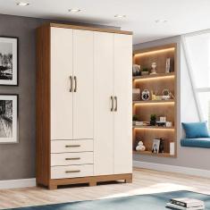 Guarda Roupa Solteiro Caju Ambiente 4 Portas 3 Gavetas Nature Off White - Henn