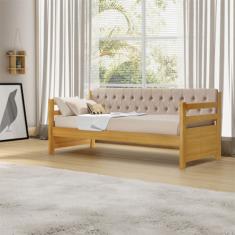 Bicama Solteiro Verona Mona Imbuia Estofado Capitonê Veludo Bege Acompanha 1 Colchão