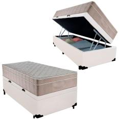 Cama Box Baú Solteiro Sintético + Colchão De Molas Ensacadas - Sereneprime - 88cm Branco
