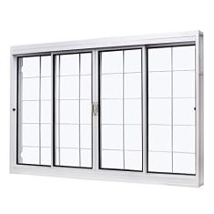 Janela de Aço de Correr Central 100x150cm 4 Folhas com Grade Quadriculada e Vidro Liso Qualitysol Ramassol Branco