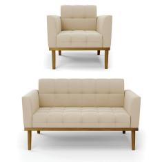 Namoradeira Com Poltrona Base De Madeira Castanho Elisa Suede D03 - D\`rossi Cor Bege