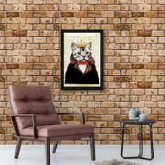Quadro Decorativo Gato Rei 45x34cm - Quadros On-line, Madeira Preta, A