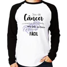 Camiseta Raglan Sou de Câncer Manga Longa - Foca na Moda, Branco, Pret