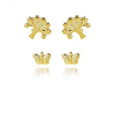 Brinco Duo De árvore E Borboleta Banhado Em Ouro 18k