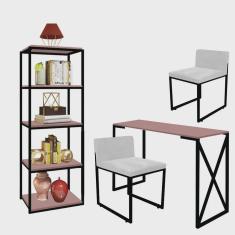 Kit Escritório Bex 2 Cadeiras Suede Branco com 1 Mesa e 1 Livreiro Ferro Preto mdf Rose Rosa - Ahazzo Móveis