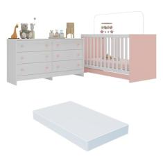 Berço 3 em 1 com Colchão Incluso e Cômoda Doce de Leite Multimóveis Mp4298 Branco/rosa