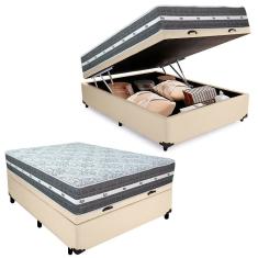 Cama Box Baú Casal 138x188 Black Graphite com Colchão Molas Ensacadas Sintético Bege Anjos
