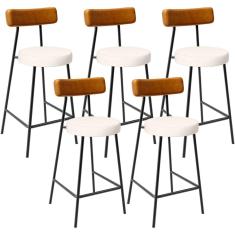 Kit 05 Banquetas Baixa Cozinha Sala Jantar Bancada Milão L02 Couríssimo Whisky Linho Cru - Lyam Decor