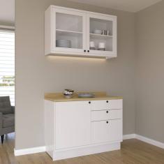 Cozinha Compacta com Vidro 2 Peças 3 Portas 3 Gavetas Sevilha Branco Ártico /Carvalho Marrom