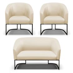 Sofá Namoradeira E 2 Poltronas Base Industrial Preto Stella Corino Bege D03 - D'rossi