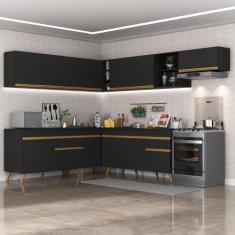 Armário Cozinha Completa de Canto Veneza Multimóveis V2068, Preto/Dour