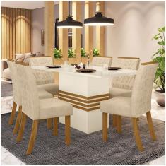 Conjunto Sala De Jantar Mesa 160cm Vidro 6 Cadeiras Melinda Casa 812 Nature Off White E Linho