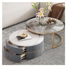 Mesas de canto mesa de centro redonda de 60 cm, conjunto de 2 mesas de canto modernas com mesa de mármore sintético e moldura de metal resistente, com gavetas de armazenamento, mesa de chá lateral para sala de estar, apartamento, escritório
