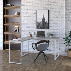 Mesa de Escritório em L Estilo Industrial 135x150cm Kuadra Snow/Est.Branca