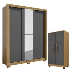 Guarda Roupa Solteiro Nevoa Flex 3 Portas de Correr com Espelho e Armário Multiuso Recife Carvalho Americano Grafite - Incorplac