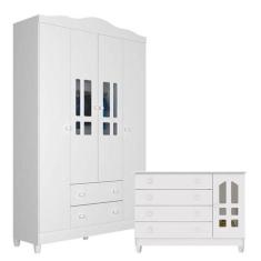 Cômoda Gran Selena e Guarda Roupa Infantil Ariel 4 Portas Branco Brilh