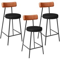 Kit 03 Banquetas Baixa Cozinha Sala Jantar Bancada Milão L02 Couríssimo Camel Preto