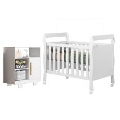 Quarto de Bebê com Berço Mini Cama 3 em 1 Soninho e Cômoda 100% Mdf 1 Porta 3 Prateleiras Flocos Branco