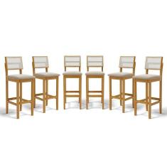 Kit Com 6 Banquetas Aline Madeira Maciça Assento Estofado Encosto De Telinha Veludo Bege 102