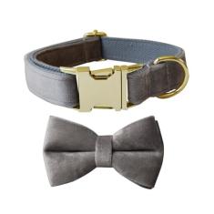 JAY D.L Coleira de gravata borboleta para cães, de veludo macio e confortável, coleiras removíveis e ajustáveis para cães e gatos pequenos, médios ou grandes com fivela de metal de segurança (cinza