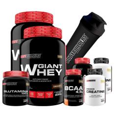 KIT 2x Giant Whey Protein 900g + 2x BCAA 100g + 2x  Creatina 100g + Glutamina 300g + Shaker - BB-Unissex