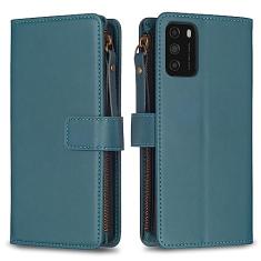 Capa com alça de pulso Xiaomi Poco M3, 9 compartimentos para cartão, 1 carteira de couro com zíper, função de suporte, fecho magnético, capa para celular compatível com Xiaomi Poco M3 4G 6,5 polegadas
