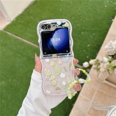 para Samsung flip5 capa de pulseira de flor de desenho animado para Samsung Galaxy Z Flip 5 4 3 ZFlip Flip4 corrente de pulso capa transparente onda, corrente XiaoH, para Samsung Z Flip 3