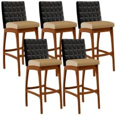 Kit 05 Banquetas Altas Mila Preto Linho Bege Escuro