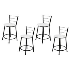 Jogo 4 Banqueta Baixa Para Cozinha Preta Assento Branco