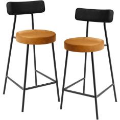 Kit 02 Banquetas Baixa Cozinha Sala Jantar Bancada Milão L02 Couríssimo Preto Whisky - Lyam Decor