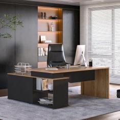 Mesa para Escritório Diretor em L 3 Gavetas 1 Porta Spring Yescasa Preto/Itapuã