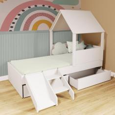 Cama Casinha com Telhado 02 Gavetas e Escada/ Escorregador  Branco Megamobilia