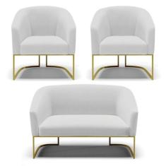 Namoradeira E 2 Poltronas Base Industrial Dourado Stella Linho D03 - D