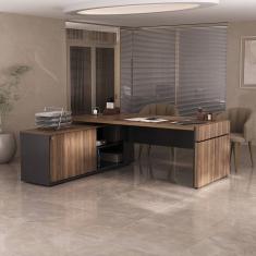 Mesa para Escritório em L com Caixa de Tomada Tamburato Estação Diretoria Preto