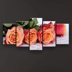 Quadro Decorativo Rosas Laranja Música 129x61 Sala Quarto