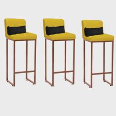 Kit 03 Banqueta Alta com Encosto Lucca Industrial Cozinha Balcão Ferro Bronze Sintético Amarelo e Almofada Preto - Ahazzo Móveis