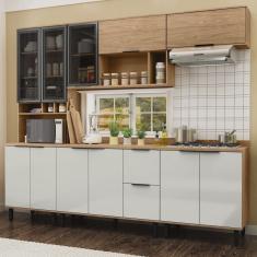 Cozinha Modulada Toscana 5 Peças Mdf com Aéreo 1200 Porta de Vidro e Paneleiro com Tampo
