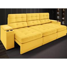 Sofá com Porta Copos e Carregador USB Eureka 2,30m  Assento Retrátil e Reclinável Velosuede Canário - NETSOFAS