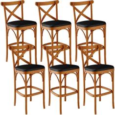 Kit 06 Banquetas Altas Ávila L02 Moderno Madeira Maciça Assento Courino Preto Lyam Decor