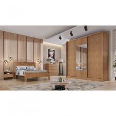 Guarda Roupa Casal Medelim 3 Portas de Correr 6 Gavetas MDF com Espelho Cumaru Móveis Novo Horizonte