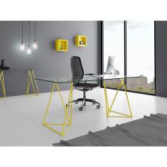 Escrivaninha De Vidro Bela Vista Cavalete Base Ferro Amarelo - Preto