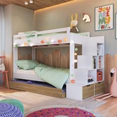 Treliche Infantil com Cama Auxiliar Escada Nichos e Gavetas Laterais Branco/Aveiro Oak