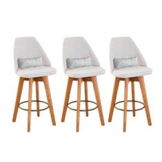 Kit 03 Banquetas Alta Maya Giratória Com Encosto Gourmet Linho Bege e Almofada Suede Branco - Aurora Line